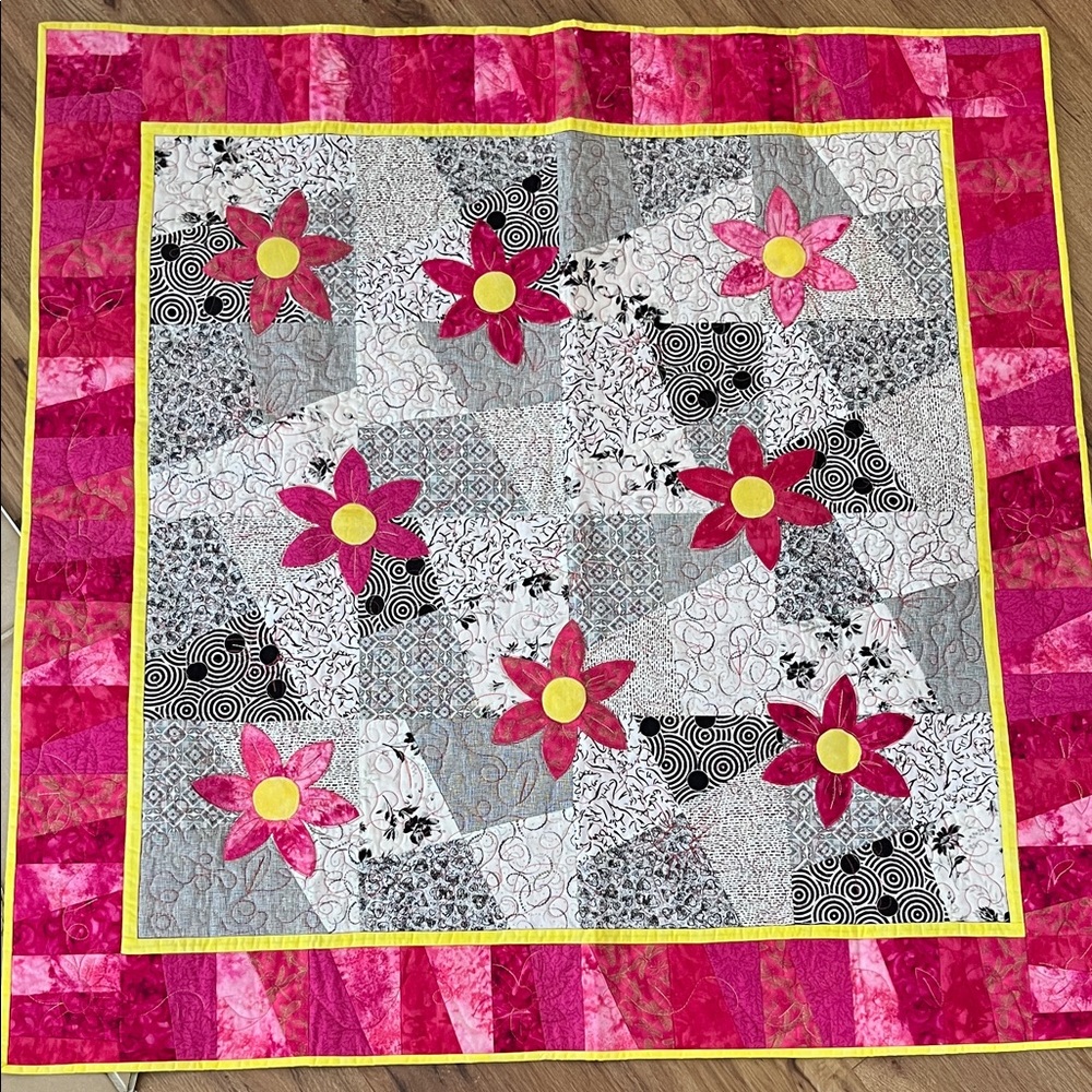 Bright, floral handmade signed quilt